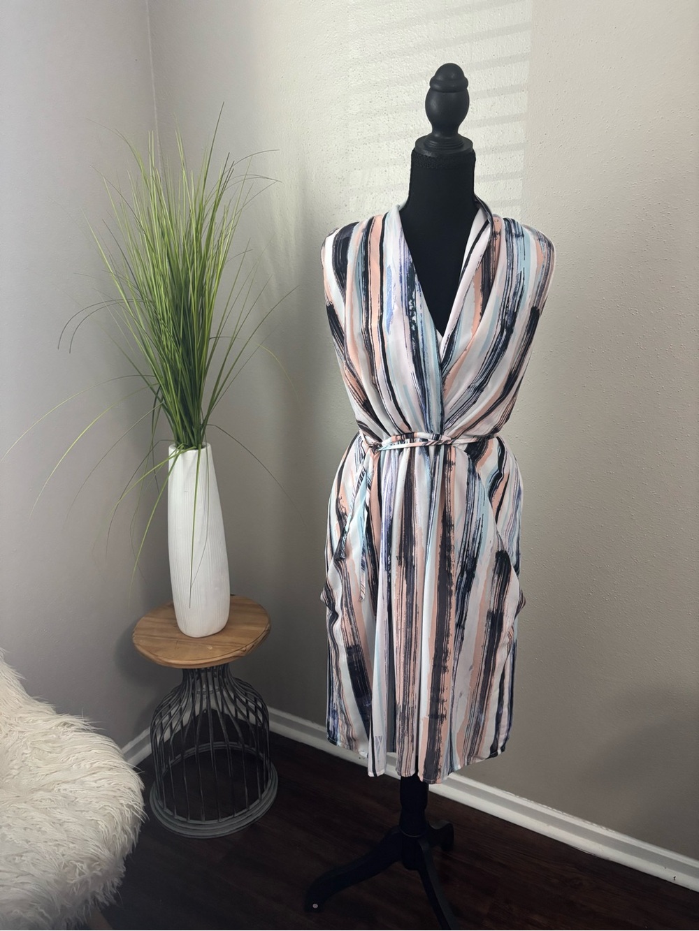 Bar III Striped Wrap Midi Dress in Pink, Blue & White